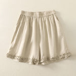Buddha Stones Summer Casual Vintage Solid Elastic Waist Ruffled Hem Women's Shorts With Pockets