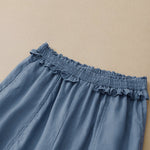 Buddha Stones Summer Casual Minimalist Solid Ruffled Elastic Waist Cropped Pants Women's Straight Leg Pants With Pocket