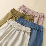 Buddha Stones Summer Casual Minimalist Solid Ruffled Elastic Waist Cropped Pants Women's Straight Leg Pants With Pocket
