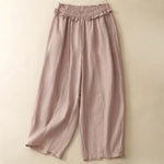 Buddha Stones Summer Casual Minimalist Solid Ruffled Elastic Waist Cropped Pants Women's Straight Leg Pants With Pocket