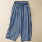 Buddha Stones Summer Casual Minimalist Solid Ruffled Elastic Waist Cropped Pants Women's Straight Leg Pants With Pocket