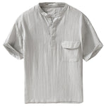 Buddha Stones Summer Casual Tang Style Mandarin Collar Half Buttons Solid Men's Short Sleeve Shirts With Decorative Pocket