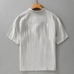 Buddha Stones Summer Casual Tang Style Mandarin Collar Half Buttons Solid Men's Short Sleeve Shirts With Decorative Pocket