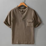 Buddha Stones Summer Casual Tang Style Mandarin Collar Half Buttons Solid Men's Short Sleeve Shirts With Decorative Pocket