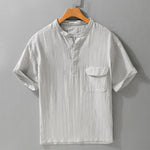Buddha Stones Summer Casual Tang Style Mandarin Collar Half Buttons Solid Men's Short Sleeve Shirts With Decorative Pocket