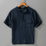 Buddha Stones Summer Casual Tang Style Mandarin Collar Half Buttons Solid Men's Short Sleeve Shirts With Decorative Pocket