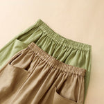 Buddha Stones Summer Casual Solid Elastic Waist Cropped Pants Women's Wide Leg Pants With Pockets