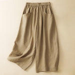 Buddha Stones Summer Casual Solid Elastic Waist Cropped Pants Women's Wide Leg Pants With Pockets