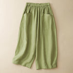 Buddha Stones Summer Casual Solid Elastic Waist Cropped Pants Women's Wide Leg Pants With Pockets