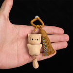 Buddha Stones Beech Wood Lucky Cat Handmade Tassel Keychains