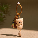 Buddha Stones Beech Wood Lucky Cat Handmade Tassel Keychains