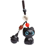 Buddha Stones Ebony Wood & Red Sandalwood Hand Carved Cat Bell Protection Keychains