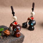Buddha Stones Ebony Wood & Red Sandalwood Hand Carved Cat Bell Protection Keychains