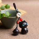 Buddha Stones Ebony Wood & Red Sandalwood Hand Carved Cat Bell Protection Keychains