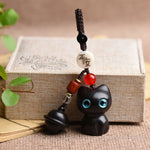 Buddha Stones Ebony Wood & Red Sandalwood Hand Carved Cat Bell Protection Keychains