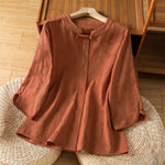 Buddha Stones Summer Boho Tang Style Embroidery Drawstring Solid Women's Short Sleeve Shirts