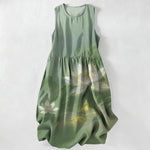Buddha Stones Summer Casual Lotus Buddha Gold Accent Pattern Women's Summer Sleeveless Midi Dress With Pockets