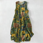 Buddha Stones Summer Casual Abstract Patchwork Geometric Pattern Women's Summer Sleeveless Midi Dress With Pockets