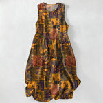 Buddha Stones Summer Casual Abstract Patchwork Geometric Pattern Women's Summer Sleeveless Midi Dress With Pockets