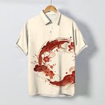 Buddha Stones Oriental Floral Lotus Peach Blossoms Cloud Pattern Buttons Breathable Men's Short Sleeve Shirt