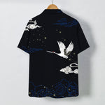 Buddha Stones Flying Crane Cloudwave Pattern Buttons Wrinkle-resistant Men's Short Sleeve Shirt