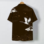 Buddha Stones Flying Crane Cloudwave Pattern Buttons Wrinkle-resistant Men's Short Sleeve Shirt