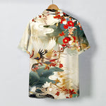 Buddha Stones Crane Wave Floral Pattern Buttons Breathable Men's Short Sleeve Shirt