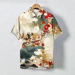 Buddha Stones Crane Wave Floral Pattern Buttons Breathable Men's Short Sleeve Shirt