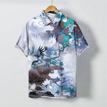 Buddha Stones Crane Wave Floral Pattern Buttons Breathable Men's Short Sleeve Shirt