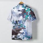 Buddha Stones Crane Wave Floral Pattern Buttons Breathable Men's Short Sleeve Shirt