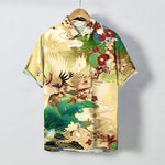 Buddha Stones Crane Wave Floral Pattern Buttons Breathable Men's Short Sleeve Shirt