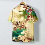 Buddha Stones Crane Wave Floral Pattern Buttons Breathable Men's Short Sleeve Shirt