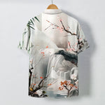 Buddha Stones Ink Landscape Crane Blossom Pattern Buttons Wrinkle-resistant Men's Short Sleeve Shirt