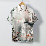 Buddha Stones Ink Landscape Crane Blossom Pattern Buttons Wrinkle-resistant Men's Short Sleeve Shirt