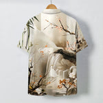 Buddha Stones Ink Landscape Crane Blossom Pattern Buttons Wrinkle-resistant Men's Short Sleeve Shirt