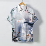 Buddha Stones Ink Landscape Crane Blossom Pattern Buttons Wrinkle-resistant Men's Short Sleeve Shirt