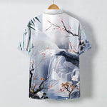 Buddha Stones Ink Landscape Crane Blossom Pattern Buttons Wrinkle-resistant Men's Short Sleeve Shirt