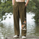 Buddha Stones Cotton Koi Fish Wave Pattern Men's Tapered Pants With Pockets
