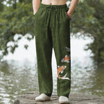 Buddha Stones Cotton Koi Fish Wave Pattern Men's Tapered Pants With Pockets