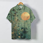 Buddha Stones Bamboo Moon Birds Pattern Buttons Breathable Men's Short Sleeve Shirt