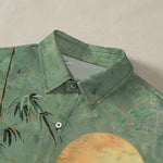Buddha Stones Bamboo Moon Birds Pattern Buttons Breathable Men's Short Sleeve Shirt