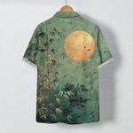 Buddha Stones Bamboo Moon Birds Pattern Buttons Breathable Men's Short Sleeve Shirt