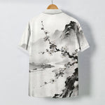 Buddha Stones Ink Landscape Plum Blossom Pattern Buttons Wrinkle-resistant Men's Short Sleeve Shirt