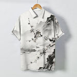 Buddha Stones Ink Landscape Plum Blossom Pattern Buttons Wrinkle-resistant Men's Short Sleeve Shirt