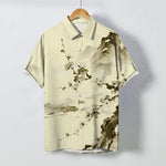 Buddha Stones Ink Landscape Plum Blossom Pattern Buttons Wrinkle-resistant Men's Short Sleeve Shirt