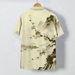 Buddha Stones Ink Landscape Plum Blossom Pattern Buttons Wrinkle-resistant Men's Short Sleeve Shirt