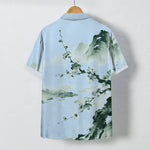 Buddha Stones Ink Landscape Plum Blossom Pattern Buttons Wrinkle-resistant Men's Short Sleeve Shirt