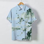 Buddha Stones Ink Landscape Plum Blossom Pattern Buttons Wrinkle-resistant Men's Short Sleeve Shirt