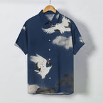Buddha Stones Flying White Crane Cloud Pattern Buttons Wrinkle-resistant Men's Short Sleeve Shirt