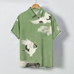 Buddha Stones Flying White Crane Cloud Pattern Buttons Wrinkle-resistant Men's Short Sleeve Shirt